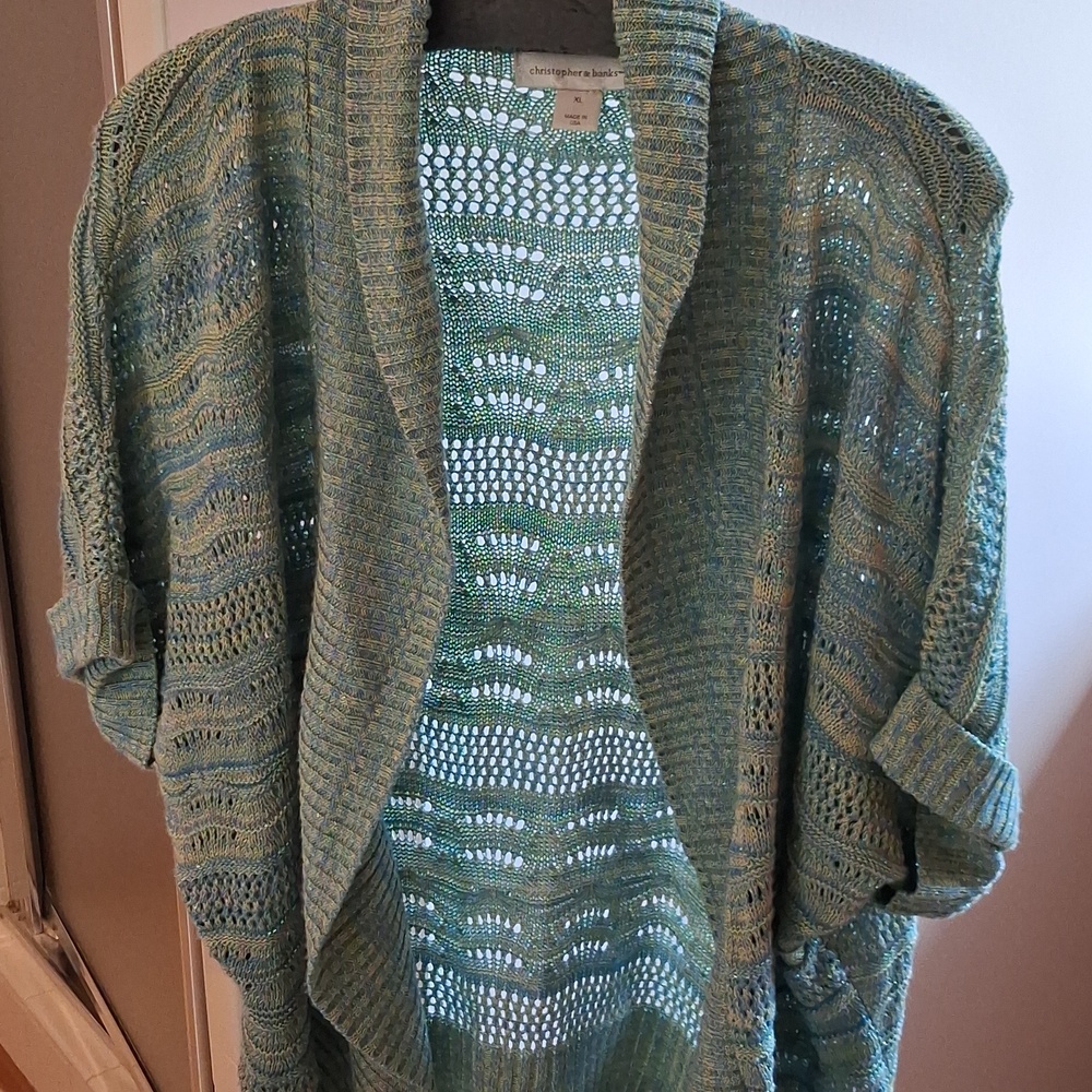 Christopher & Banks Teal Open-Weave Drape Cardigan
